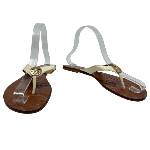 Tory Burch Thora Thong‎ Sandals Flip Flops Patent Leather Ivory Gold Size US 8 - Picture 3 of 14